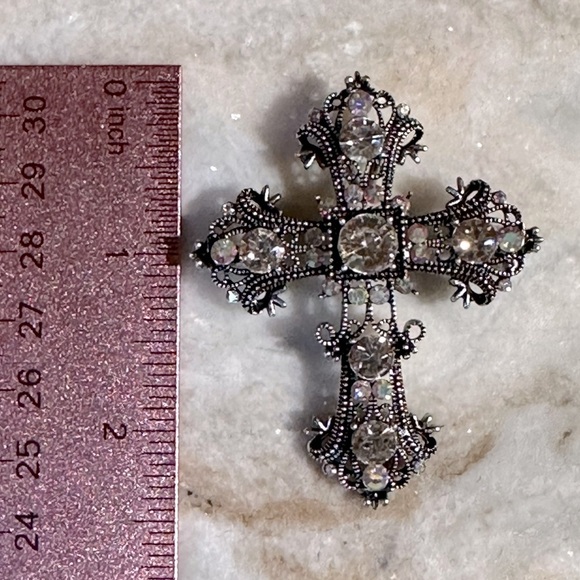 Rhinestone AB Crystals Victorian Baroque Cross Pendant Brooch Silver Finish - Picture 7 of 7